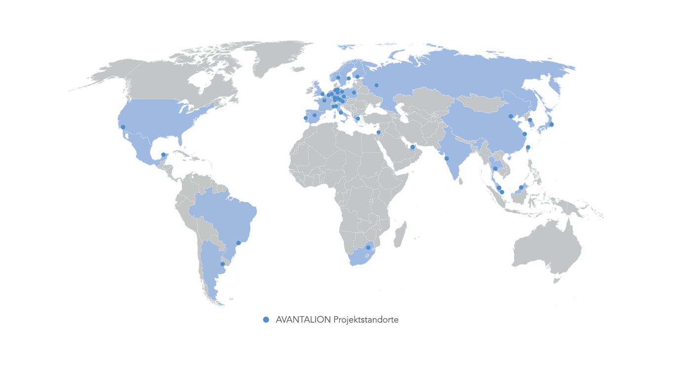 Diese Karte zeigt alle Orte weltweit, in der AVANTALION bereits Projekte erfolgreich umgesetzt hat. 